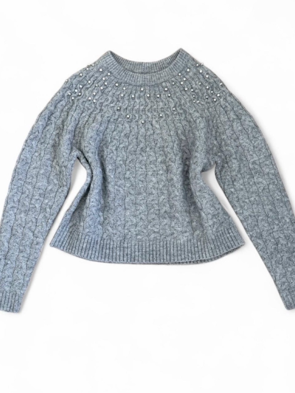 A new day Light Gray Cable Knit Crewneck Sweater with Crystal Embellishments